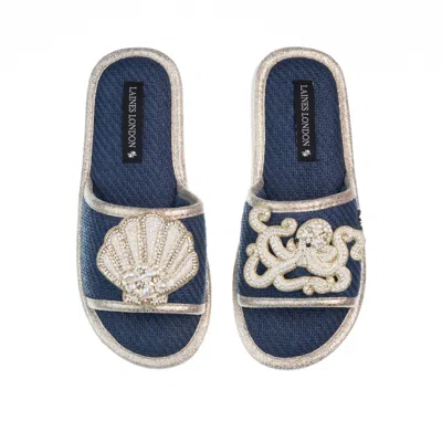 Laines London Women's Blue Straw Braided Sandals With Beaded Shell & Octopus Brooches - Navy
