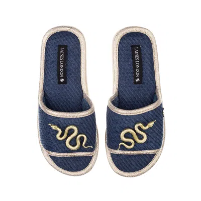 Laines London Women's Blue Straw Braided Sandals With Gold Metal Snake Brooches - Navy
