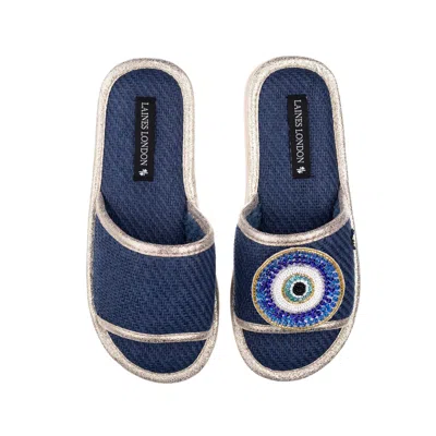 Laines London Women's Blue Straw Braided Sandals With Handmade Couture Evil Eye Brooch - Navy