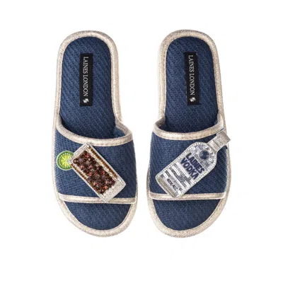 Laines London Women's Blue Straw Braided Sandals With Vodka & Coke Brooches - Navy