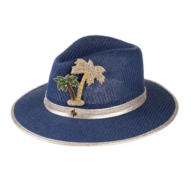 Laines London Women's Blue Straw Woven Hat With Couture Embellished Golden Palm Tree Brooch - Navy