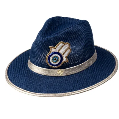 Laines London Women's Blue Straw Woven Hat With Embellished Hamsa Hand Brooch - Navy