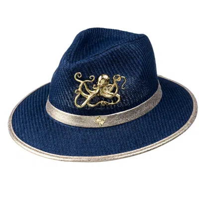 Laines London Women's Blue Straw Woven Hat With Gold Metal Octopus Brooch - Navy