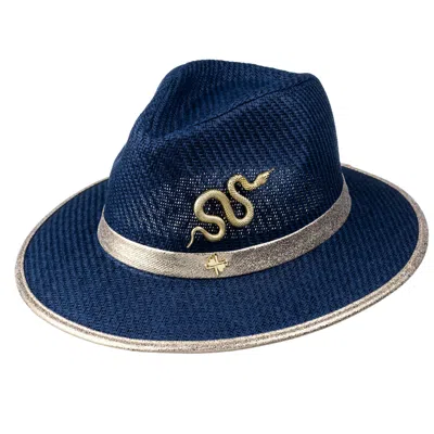 Laines London Women's Blue Straw Woven Hat With Gold Metal Snake Brooch - Navy