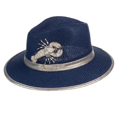 Laines London Women's Blue Straw Woven Hat With Pearl Beaded Lobster - Navy In Gray