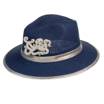 Laines London Women's Blue Straw Woven Hat With Pearl Beaded Octopus - Navy