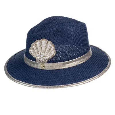 Laines London Women's Blue Straw Woven Hat With Pearl Beaded Shell - Navy