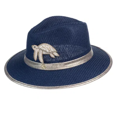 Laines London Women's Blue Straw Woven Hat With Pearl Beaded Turtle - Navy