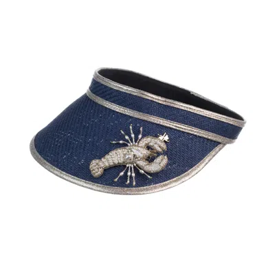 Laines London Women's Blue Straw Woven Visor With Beaded Lobster Brooch - Navy