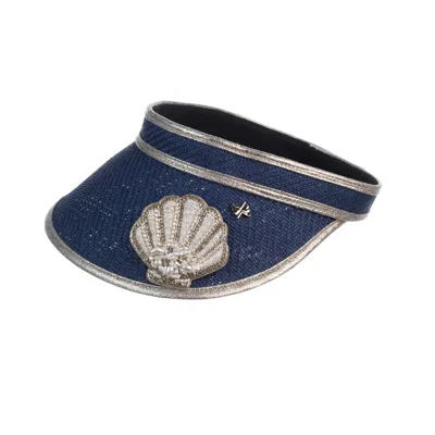 Laines London Women's Blue Straw Woven Visor With Beaded Shell Brooch - Navy