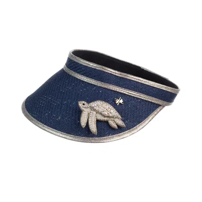 Laines London Women's Blue Straw Woven Visor With Beaded Turtle Brooch - Navy