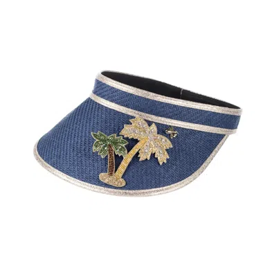 Laines London Women's Blue Straw Woven Visor With Couture Embellished Golden Palm Tree Brooch - Navy
