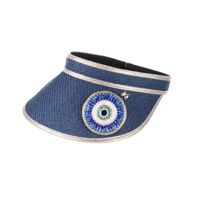 Laines London Women's Blue Straw Woven Visor With Embellished Couture Evil Eye Brooch - Navy