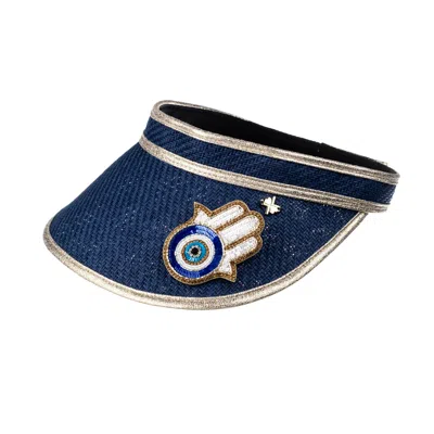 Laines London Women's Blue Straw Woven Visor With Embellished Hamsa Hand Brooch - Navy
