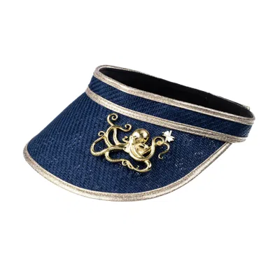 Laines London Women's Blue Straw Woven Visor With Gold Metal Octopus Brooch - Navy In Gray