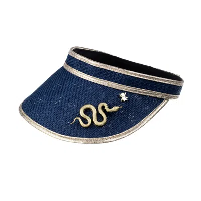 Laines London Women's Blue Straw Woven Visor With Gold Metal Snake Brooch - Navy
