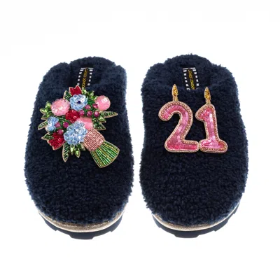 Laines London Women's Blue Teddy Closed Toe Slippers With 21st Birthday & Flowers Brooches - Navy