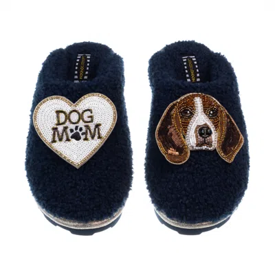 Laines London Women's Blue Teddy Closed Toe Slippers With Beagle & Dog Mum / Mom Brooches - Navy