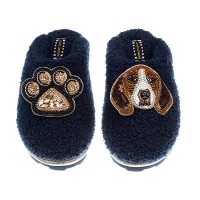 Laines London Women's Blue Teddy Closed Toe Slippers With Beagle & Paw Brooches - Navy