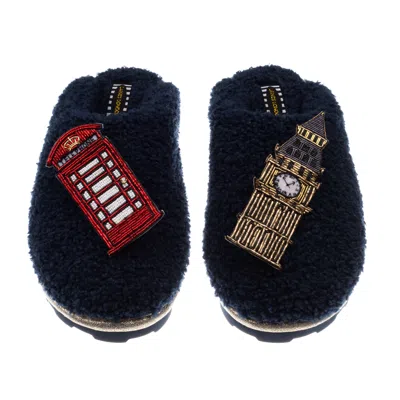 Laines London Women's Blue Teddy Closed Toe Slippers With Big Ben & British Red Phone Box Brooches - Navy