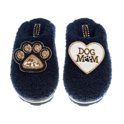 Laines London Women's Blue Teddy Closed Toe Slippers With Dog Mum / Mom & Paw Brooches - Navy
