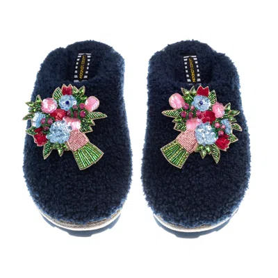 Laines London Women's Blue Teddy Closed Toe Slippers With Double Flower Bouquet Brooches - Navy