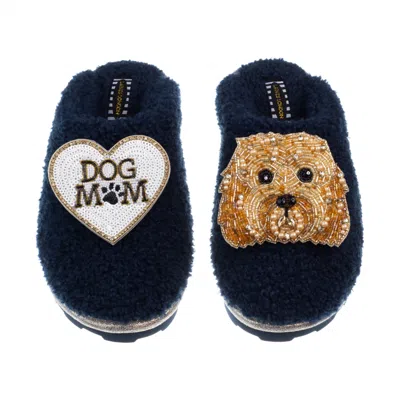 Laines London Women's Blue Teddy Closed Toe Slippers With Enki Doo & Dog Mum / Mom Brooches - Navy