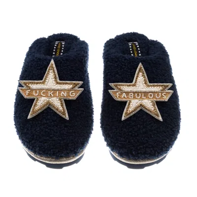Laines London Women's Blue Teddy Closed Toe Slippers With Fucking Fabulous Brooches - Navy