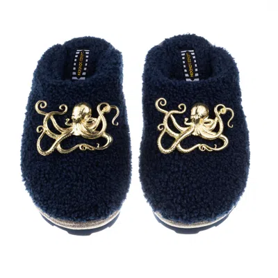 Laines London Women's Blue Teddy Closed Toe Slippers With Gold Metal Octopus Brooches - Navy