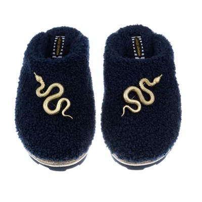 Laines London Women's Blue Teddy Closed Toe Slippers With Gold Metal Snake Brooches - Navy