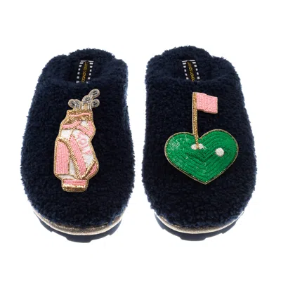 Laines London Women's Blue Teddy Closed Toe Slippers With Golf Lover Brooches - Navy
