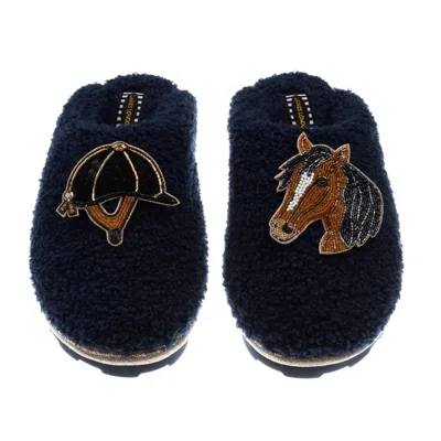 Laines London Women's Blue Teddy Closed Toe Slippers With Horse & Riding Hat Brooches - Navy