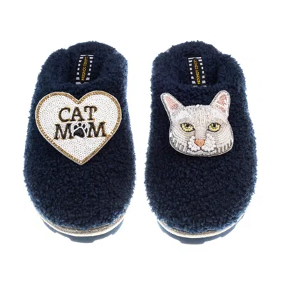 Laines London Women's Blue Teddy Closed Toe Slippers With Lily The White Cat & Cat Mum / Mom Brooches - Navy
