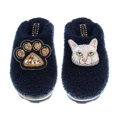 Laines London Women's Blue Teddy Closed Toe Slippers With Lily The White Cat & Paw Brooches - Navy