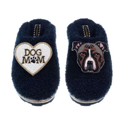 Laines London Women's Blue Teddy Closed Toe Slippers With Luna-rose The Staffy & Dog Mum / Mom Brooches - Navy