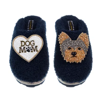 Laines London Women's Blue Teddy Closed Toe Slippers With Minnie The Yorkie & Dog Mum / Mom Brooches - Navy