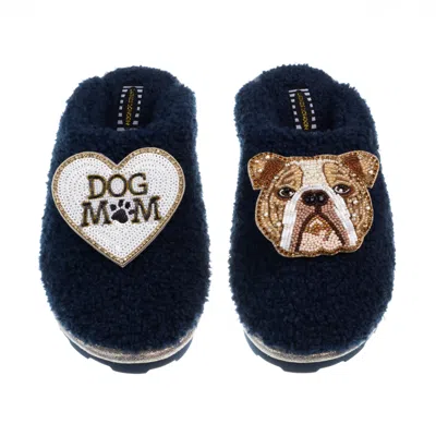 Laines London Women's Blue Teddy Closed Toe Slippers With Mr Beefy & Dog Mum / Mom Brooches - Navy