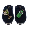 Laines London Women's Blue Teddy Closed Toe Slippers With Original Gin & Glass Brooches - Navy In Blue