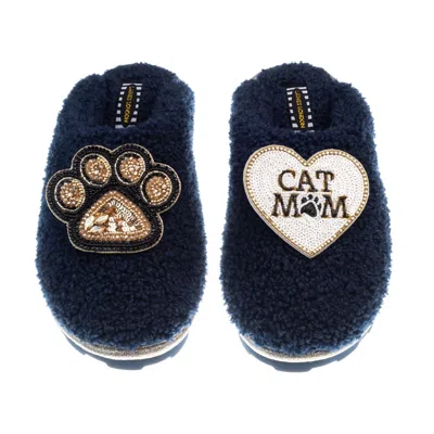 Laines London Women's Blue Teddy Closed Toe Slippers With Paw & Cat Mum / Mom Brooches - Navy