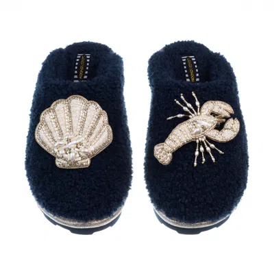 Laines London Women's Blue Teddy Closed Toe Slippers With Pearl Beaded Lobster & Shell Brooches - Navy