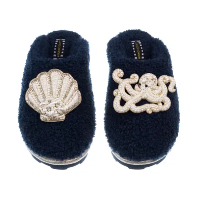 Laines London Women's Blue Teddy Closed Toe Slippers With Pearl Beaded Octopus & Shell Brooches - Navy