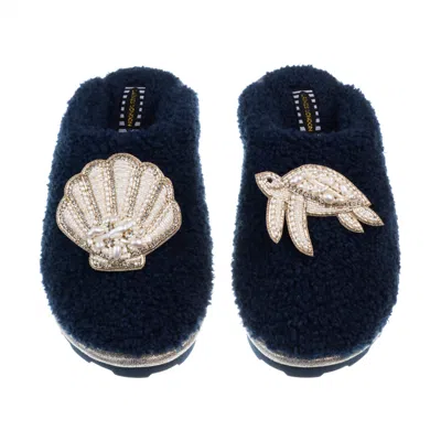Laines London Women's Blue Teddy Closed Toe Slippers With Pearl Beaded Turtle & Shell Brooches - Navy