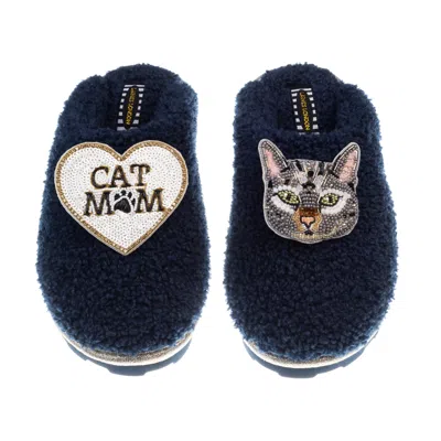 Laines London Women's Blue Teddy Closed Toe Slippers With Pebbles Cat & Cat Mum / Mom Brooches - Navy