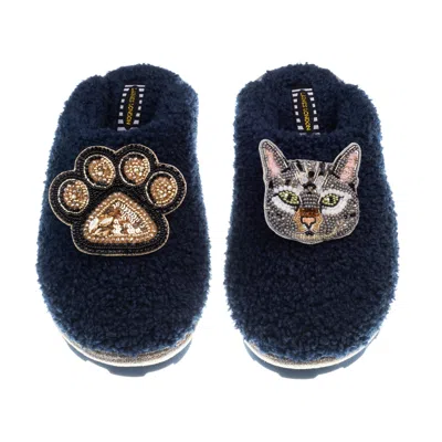Laines London Women's Blue Teddy Closed Toe Slippers With Pebbles Cat & Paw Brooches - Navy