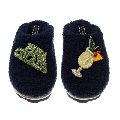 Laines London Women's Blue Teddy Closed Toe Slippers With Pina Colada Brooches - Navy