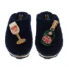 Laines London Women's Blue Teddy Closed Toe Slippers With Pink Champagne & Glass Brooches - Navy In Blue