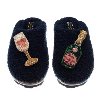 Laines London Women's Blue Teddy Closed Toe Slippers With Pink Champagne & Glass Brooches - Navy