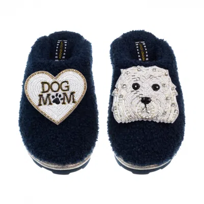 Laines London Women's Blue Teddy Closed Toe Slippers With Queenie & Dog Mum / Mom Brooches - Navy