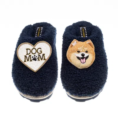 Laines London Women's Blue Teddy Closed Toe Slippers With Teddy The Pomeranian & Dog Mum / Mom Brooches - Navy