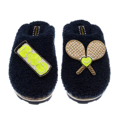 Laines London Women's Blue Teddy Closed Toe Slippers With Tennis Lover Brooches - Navy